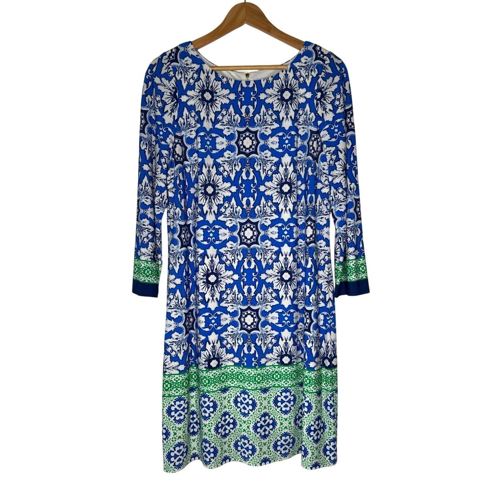 Eliza J Medallion Print Shift Dress 14 Jersey Stretch Blue Green White Resort